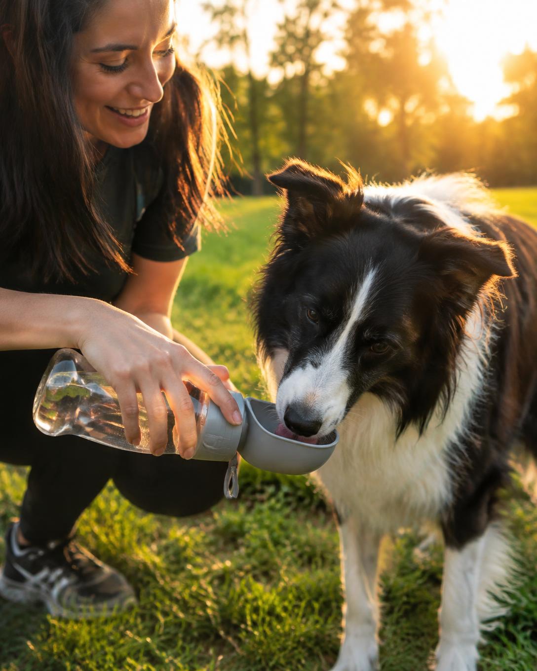 Border collie drinking from a portable dog water bottle in a sunny park
