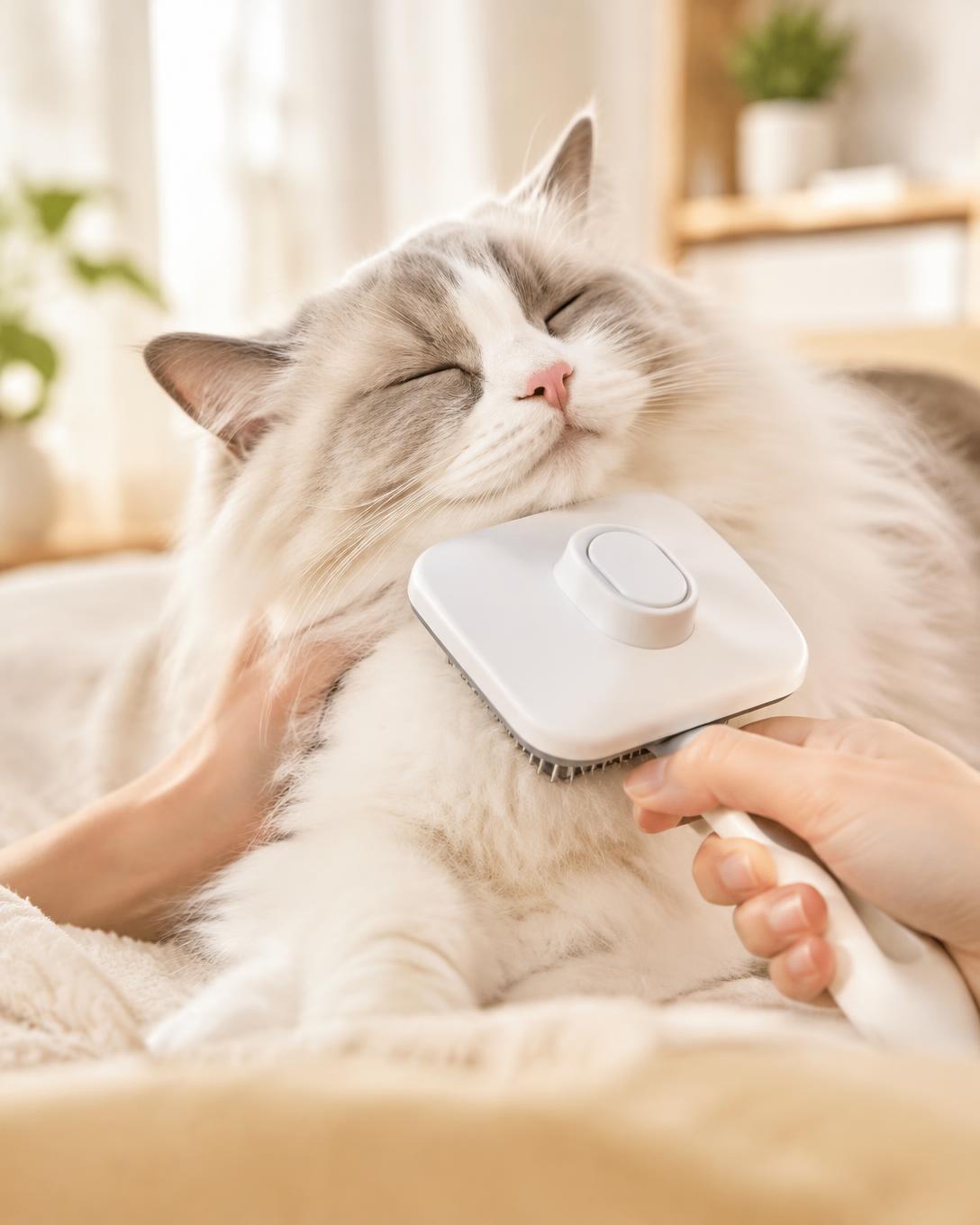 Relaxed fluffy cat being brushed with a self-cleaning pet grooming brush