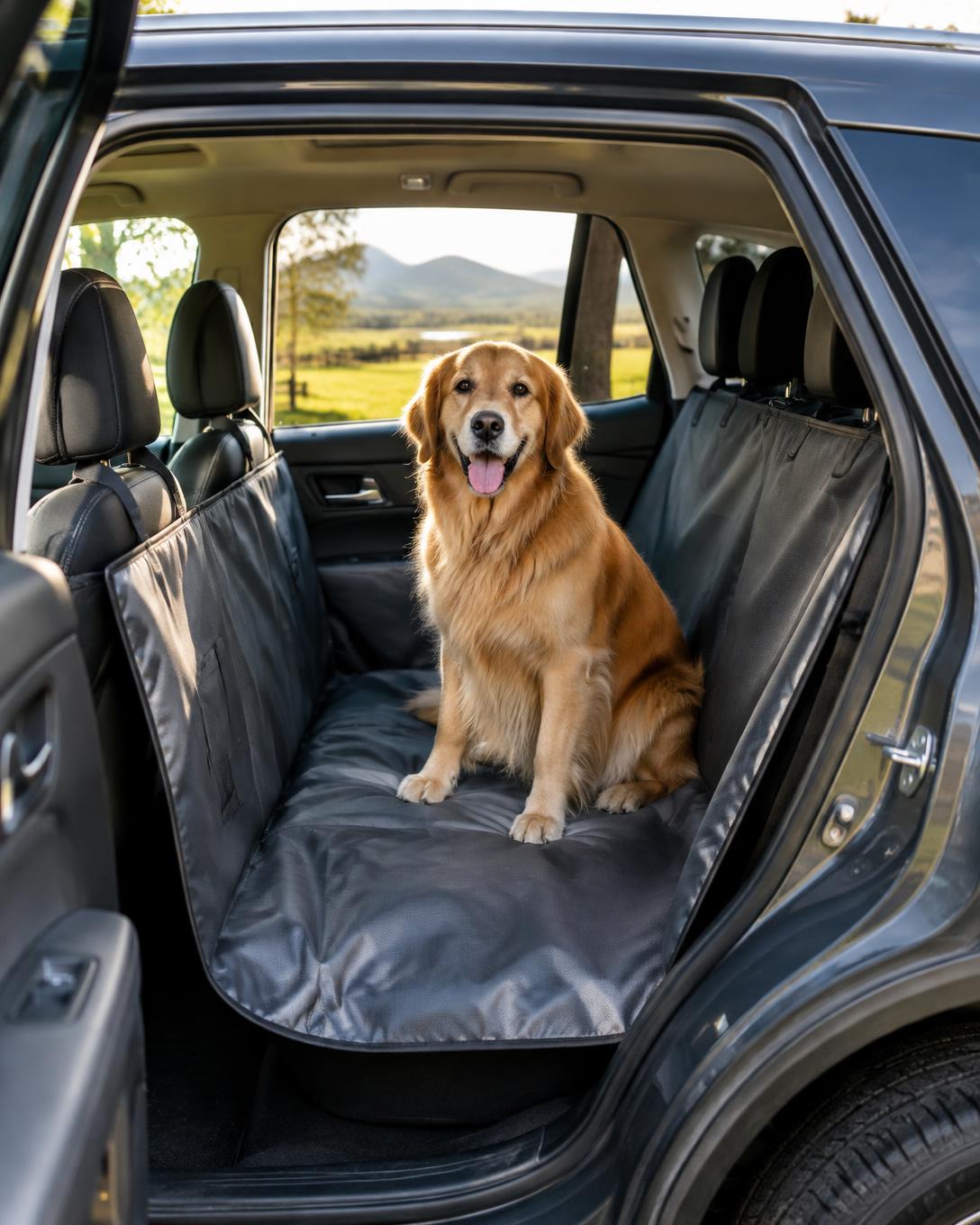 Happy golden retriever sitting on a waterproof dog car seat cover