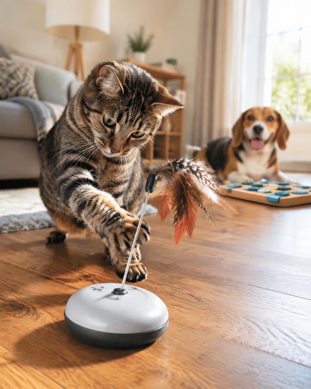 Curious tabby cat playing with an interactive feather toy while a beagle watches