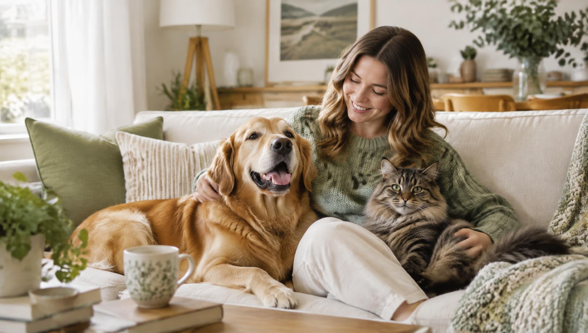 Pet owner relaxing at home with her dog and cat