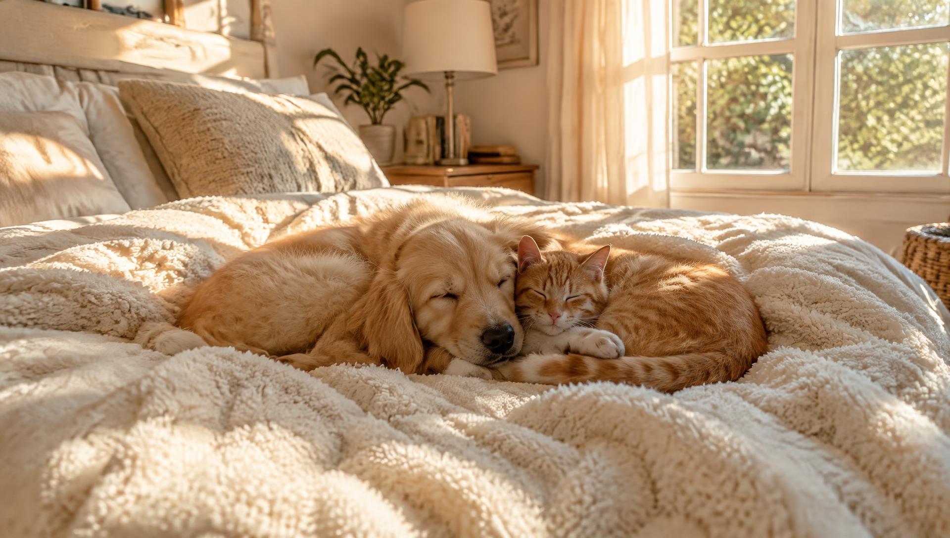 A golden retriever puppy and a ginger cat sleeping together on a cozy bed in morning sunlight
