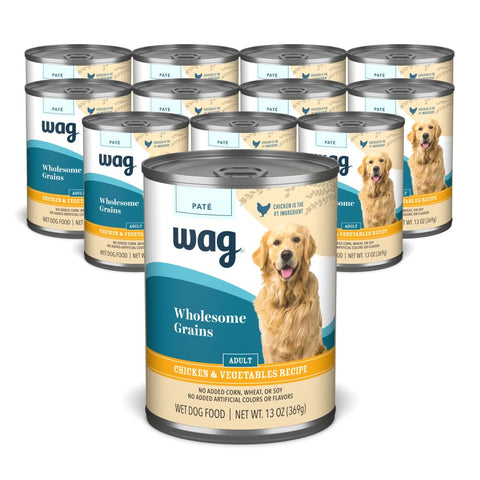 Amazon Brand- Wag Wholesome Grains Adult Pate Canned Dog Food, Beef & Vegetables Recipe, 13 oz (Pack of 12)